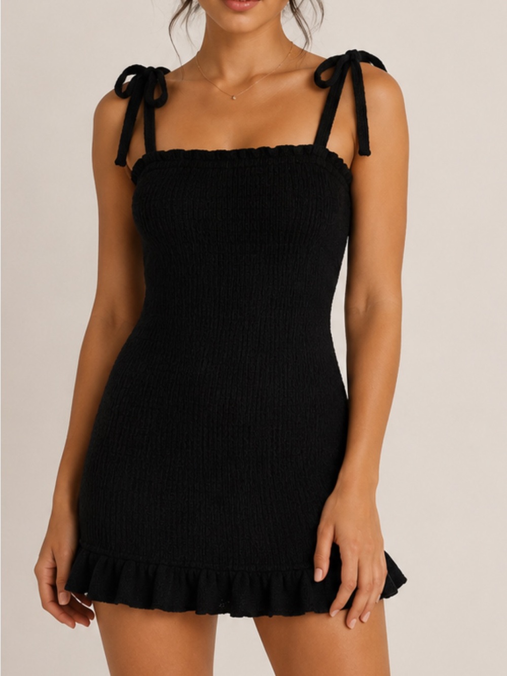 entro Black Smocked Tie-Shoulder Ruffle Hem Mini Dress